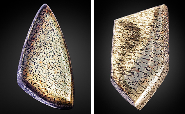 Figure 2. The cut and polished piece of pyritized triceratops fossil on the left weighs 50.5 ct and measures 41.28 × 22.23 mm. The piece on the right weighs 22.5 ct and measures 31.75 × 15.88 mm. Photos by SD Gem & Fossil.