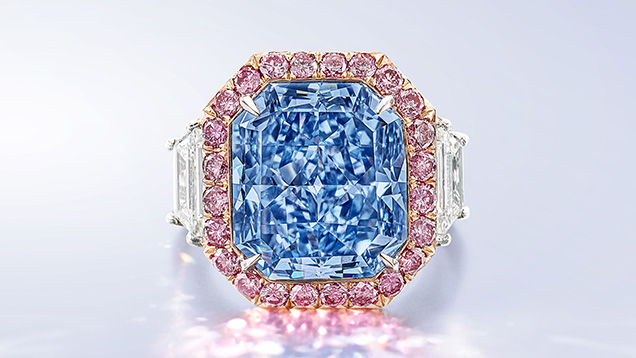 Figure 1. The “Infinite Blue,” an 11.28 ct Fancy Vivid blue diamond, sold for $25.3 million in Hong Kong. Courtesy of Sotheby’s.