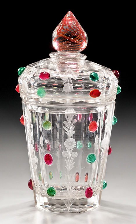 Figure 10. Lidded goblet from the collection of the Passau Glass Museum, embellished with red and green imitation stones made of lead glass. Inventory no. Hö 71145, height 8.5 cm. Photo courtesy of P. Höltl, Passau Glass Museum.