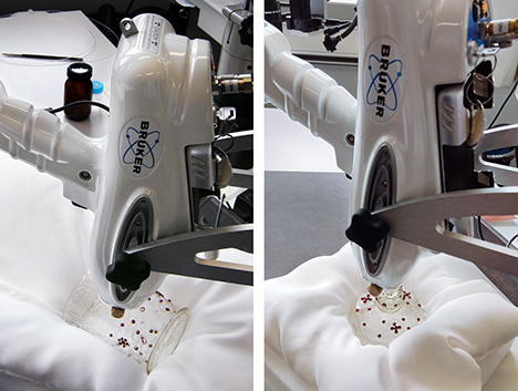 Figure 11. Examination of the lidded goblet in the research and conservation rooms of the Bavarian National Museum using a portable X-ray fluorescence analyzer. Photos by K. Schmetzer.