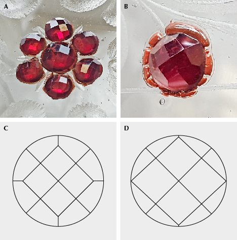 Figure 13. A and B: Rose-cut garnets decorating the lidded goblet from the collection of the Bavarian National Museum. The diameters are 4 mm (center stone) and 3 mm (surrounding stones) in A and 3 mm in B; photos by H.A. Gilg. C: Diagram of the most common cut observed for the garnets in Munich. D: A small proportion of the garnets showed somewhat larger central squares.