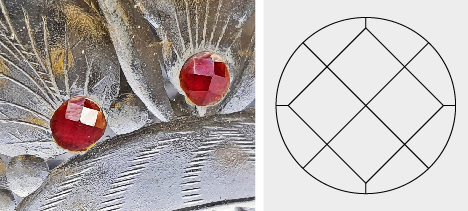 Figure 20. Left: Rose-cut garnets decorating the beaker from the collection of the Passau Glass Museum, 3 mm in diameter. Photo by H.A. Gilg. Right: Diagram of the common cut observed for the garnets in Passau.