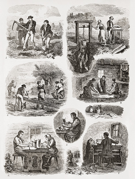 Figure 3. Extraction and processing of Bohemian garnets in the nineteenth century: (1) digging at the surface, (2) retrieving garnet-bearing soil or gravel from deeper levels and sieving, (3) washing to remove soil, (4) sorting, (5) cutting, (6) polishing, and (7) a view of the cutting table. From Gareis (1884).