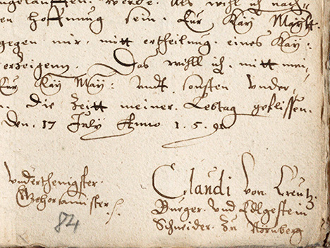 Figure 5. Signature from the petition of Creutz, “citizen and gem cutter from Nuremberg,” to Emperor Rudolf II. The petition is dated July 17, 1591. Courtesy of the Austrian State Archives in Vienna (see footnote 1).