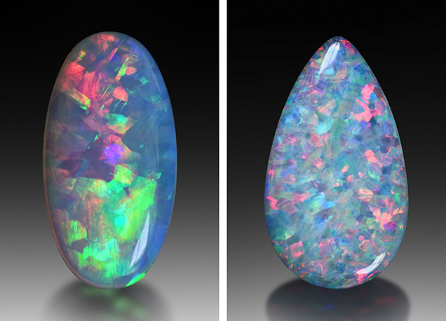 Figure 17. Slovak Opal cabochons weighing 1.58 ct (11 × 5 mm, left) and 2.67 ct (12 × 8 mm, right). Photos by Albert Russ; courtesy of Great Rent JSC.