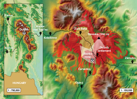 Figure 5. Maps of the Slanské vrchy Mountains and the Zlatá Baňa stratovolcano showing the position of the locality. The translucent white shape represents the Červenica I protected deposit area for opal.