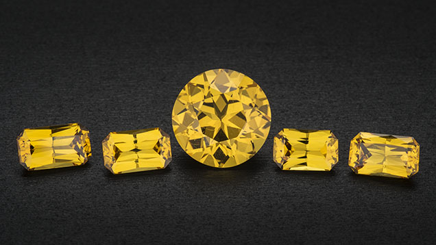 Figure 7. Yellow sapphire from a basalt-related deposit in Australia, ranging in size from approximately 1.44 ct to 8.00 ct. Photo by Robert Weldon; courtesy of Mark Tremonti.