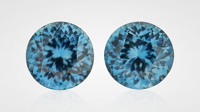 Figure 8. Blue zircon from the Ratanakiri deposit in Cambodia, each measuring 8.8 mm. Photo by Orasa Weldon; courtesy of Tim Roark, Inc.