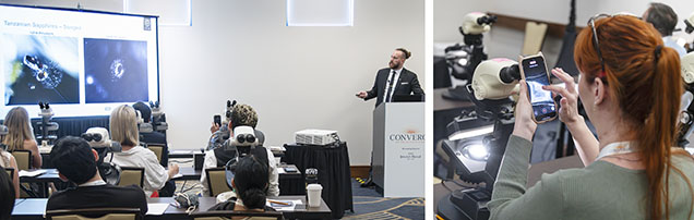 Figure 2. Left: Wim Vertriest outlines key characteristics of gem corundum from less familiar localities in a session held during Converge 2025. Right: Attendees use their cell phones to capture images of intriguing inclusions. Photos by Emily Lane.