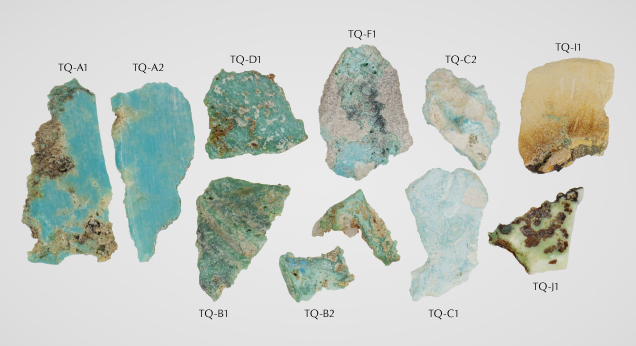Figure 10. Slabbed natural turquoise samples from the Mona Lisa mine (1.45–7.71 ct). After analysis, sample TQ-B2 broke into two pieces during handling. Photo by Emily Lane.