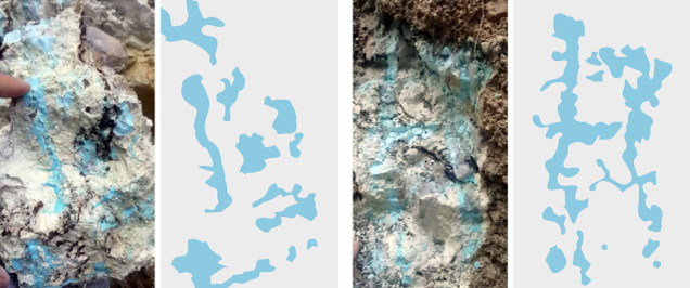Figure 16. Mona Lisa turquoise precipitating within the chalky white weathered novaculite matrix. Photos taken in September 2019 from the deepest part of the trench facing the north side, shown along with corresponding seam diagrams. Photos courtesy of Avant Mining LLC; digitization by Thomas Paradise.