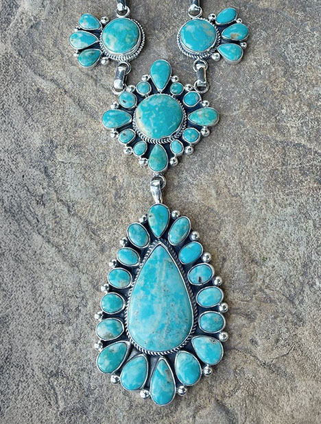 Figure 2. Stabilized Mona Lisa turquoise set in silver. Photo courtesy of White Horse Resale; necklace courtesy of Vernon and Clarissa Hale.