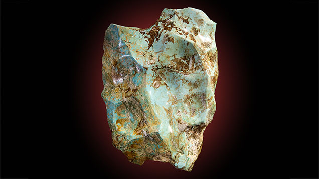 Figure 5. This 111 kg stabilized turquoise nugget, measuring approximately 1 m × 50 cm × 30 cm, was originally recovered from the Mona Lisa mine in the 1980s. Polished in 2018 by Michael Beck (Copper Canyon Lapidary & Jewelry, Sedona, Arizona). Photo by Robert Weldon.