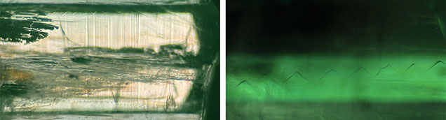 Figure 10. Two linear zigzag inclusions extending along the direction of the <em>c</em>-axis, viewed with brightfield illumination (left) and oblique illumination (right). Photomicrographs by Yi Guo; fields of view 5.07 mm (left) and 1.70 mm (right).