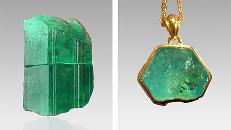 Figure 1. A 32 ct emerald rough (16 × 13 × 21 mm) from Zhen’an County was cut in half, and the bottom half (16 × 13 × 11 mm, 17 ct) was polished along the cut and set in 18K gold. Photos by Kun Hu (left) and Xiao-Yan Yu (right).