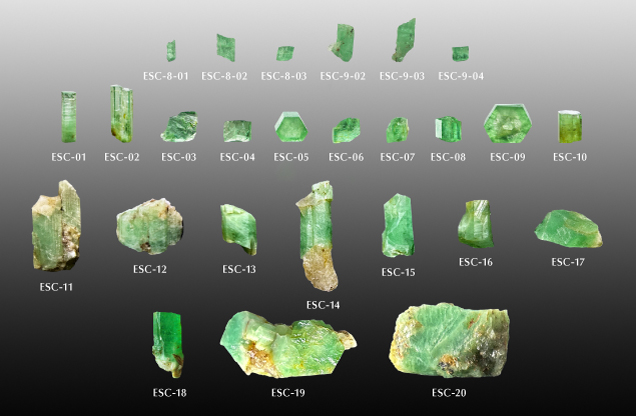 Figure 7. Emerald samples (ranging from 0.21 to 37.10 ct) from Zhen’an, Shaanxi, China. The first row displays transparent emerald crystals, the second row presents transparent to translucent emeralds, and the third and fourth rows show translucent to opaque samples. Photos by Yi Guo.