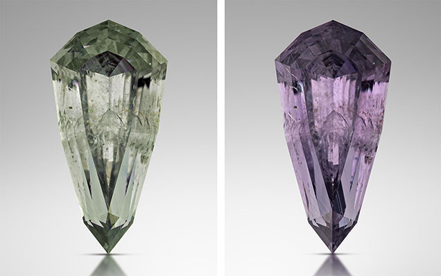 Figure 17. A strong color change—going from bluish green to pinkish purple—is observed in this 3.49 ct French Bar sill sapphire (RK-FBS 030; also shown in figure 2) with a change from fluorescent (5500 K, left) to incandescent light (2800 K, right). Photos by Jeff Mason.