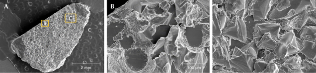 Figure 19. A: SEM image of sapphire sample S290-1. B and C: Deep resorption features showing flat-bottomed depressions (B) and resorption controlled by crystallography (C). Images by Nancy Equall.