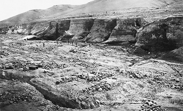 Figure 4. Hydraulic mining of gold from 1867 to 1869 at French Bar proved it the richest and most extensively mined of the river terraces among the Missouri River’s gold fields near Helena in the 1860s. Courtesy of the Photographic Archives of the Montana Historical Society, Helena, Montana.