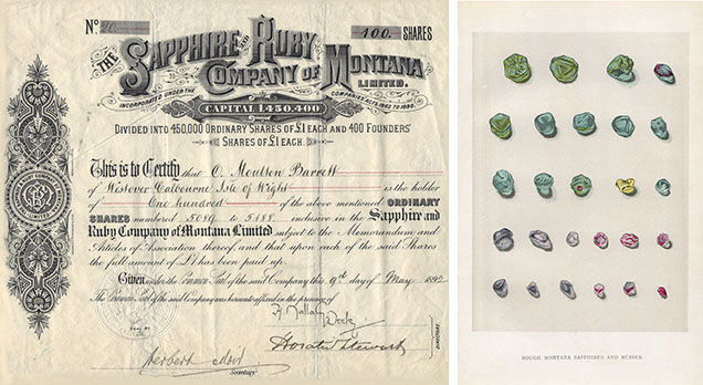 Figure 5. Left: A stock certificate of the Sapphire and Ruby Company of Montana Limited. In 1890, Edwin Streeter’s English syndicate company purchased nearly all of the 7,000 acres of sapphire-bearing property but never commercially mined it for gold or sapphire. Right: This hand-painted illustration shows Montana sapphire crystals from Streeter’s fifth edition of his 1892 book Precious Stones and Gems. Courtesy of Robert E. Kane.