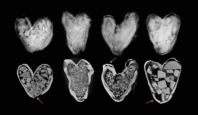 Figure 3. Top: RTX images showing the complex internal structure of the four natural hollow pearls filled with unidentified foreign material. Bottom: μ-CT images showing the detailed outline of rectangular and tabular cut fragments used as filler and the pearl openings plugged with shell (indicated with arrows).