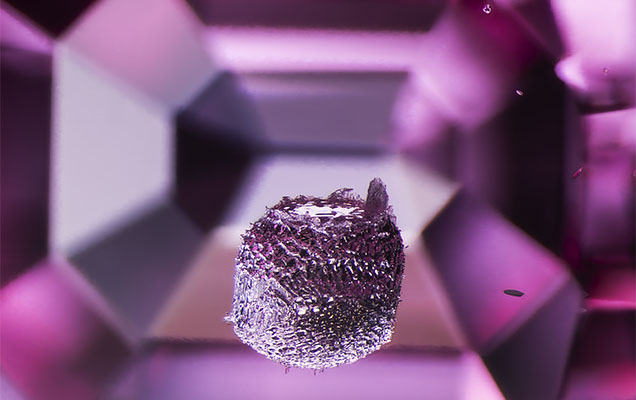 A strikingly textured crystal, likely a metal sulfide, is suspended within a pink spinel; viewed under darkfield and diffuse fiber-optic lighting. The step-cut facets on the stone’s pavilion provide a sense of depth to the image. Photomicrograph by E. Billie Hughes; field of view 3.4 mm.