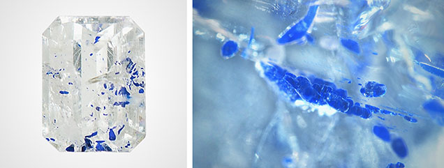 Natural 1.36 ct scapolite with saturated blue spindle-shaped lazurite inclusions. Photos by Lhapsin Nillapat (left) and Chinnaphat Buntem; field of view 2.90 mm (right).