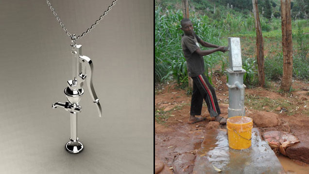 Jewelers for Water’s sterling silver necklace, left, designed by Thomas Kurilla and manufactured by Hoover & Strong, was inspired by a water pump, right. Sold by local, brick-and-mortar jewelry stores on the East Coast, proceeds from sales of the necklace benefit Jewelers for Water’s clean water projects. Photo by Thomas Kurilla, courtesy Jewelers for Water