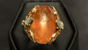 This stunning ring by noted designer Paula Crevoshay features a glittering sunstone in its centre. – Eric Welch, courtesy of Paula Crevoshay