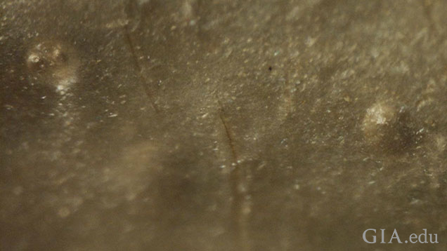 Figure 11: Bubbles visible in the coating used to conceal the opening into the pearl through which the fillers were inserted. Magnified 85x. 