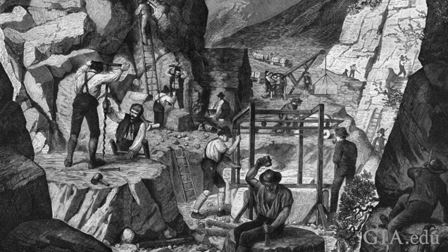 Black and white illustration showing workers in a Carrara marble quarry