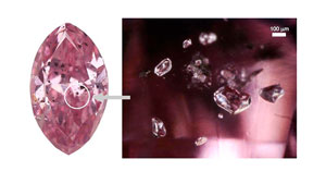 この0.21カラットのピンクダイヤモンドの顕微鏡検査から、はっきりと結晶化したコーサイト内包物の集まりが観察された。 このダイヤモンドは、アーガイルダイヤモンドの典型的な特徴を示している。 コーサイトのような結晶内包物すべての分析を行なうため、顕微ラマンミクロ分光法が用いられた。