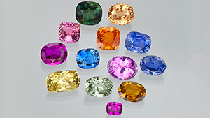 Corundums (ruby and sapphires) occur in all colours of the spectrum, and have remained popular gemstones from ancient times to the present day.