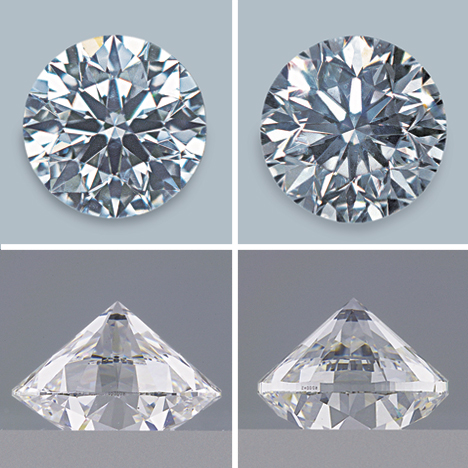 The diamond on the left weighs 0.61 ct, while the diamond on the right weighs 0.71 ct.