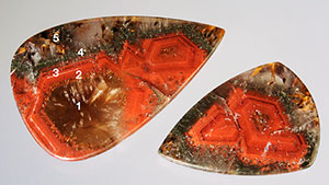 Cabochons of strongly zoned Brazilian quartz.