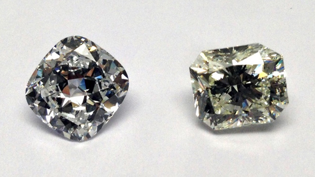 These two large synthetic diamonds were produced using HPHT growth methods by the Russian firm New Diamond Technology. The 4.30 ct specimen on the left has D color and SI1 clarity. On the right is a 5.11 ct sample with K color and I1 clarity. Photo by Wuyi Wang.