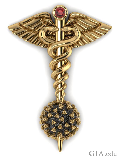 The symbol of medicine, the caduceus (wings on each side of the top of a staff with two snakes intertwined around it) stabbing thru the coronavirus. A garnet sits at the top of the staff.