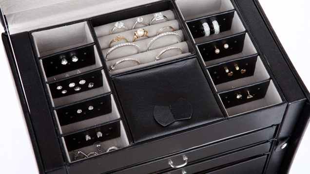 Each container can hold one type of jewelry − earrings, rings, necklaces, bracelets and watches. Keeping like items together is practical to have every option available when selecting what you want to wear.