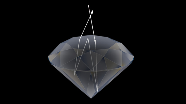 3-D model of a round brilliant diamond with a computer generated light ray path