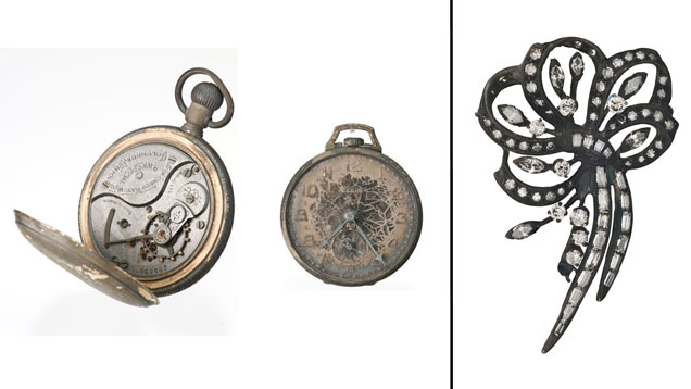 Pocket watches and brooch recovered from a safety deposit box at the World Trade Center after the September 11 attacks. 